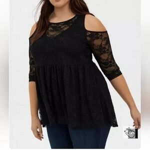 2x Plus Size Torrid Black Babydoll Lace Cold Shoulder Top Womens Shirt